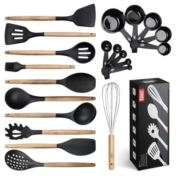 Kitchen Utensils Set, 21 Wood and Silicone Cooking Utensils - On