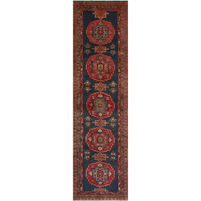 Noori Rug Fine Vintage Distressed Moneera Navy/Red Runner - 3'5" x 9'6"