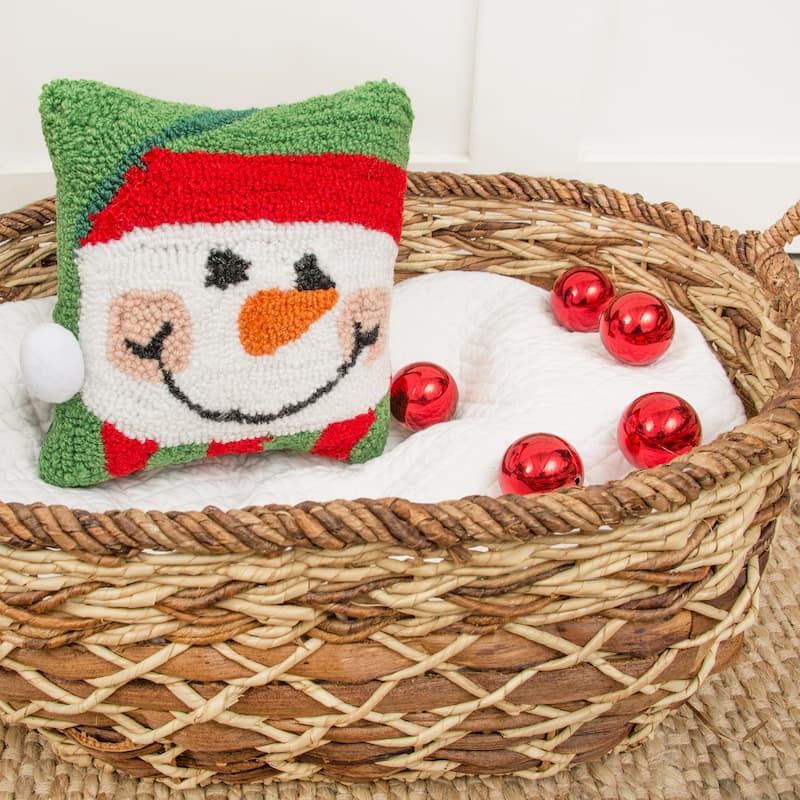 8" x 8" Happy Snowman Hooked Petite Christmas Holiday Throw Pillow