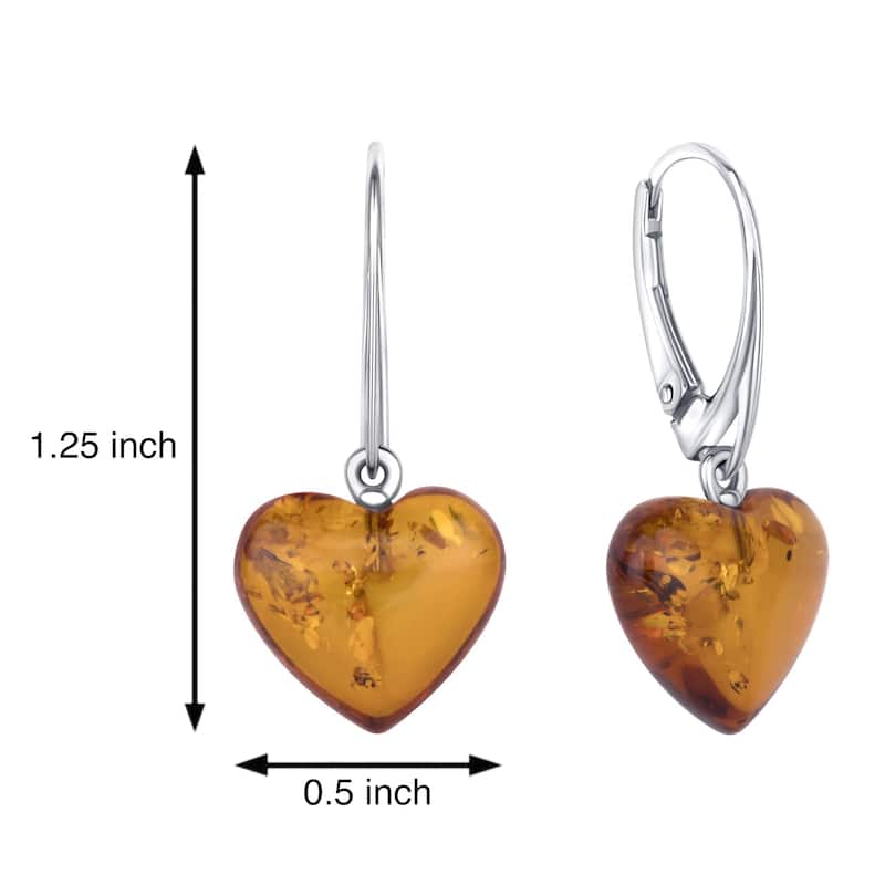 Baltic Amber Heart Earrings Leverback in Sterling Silver