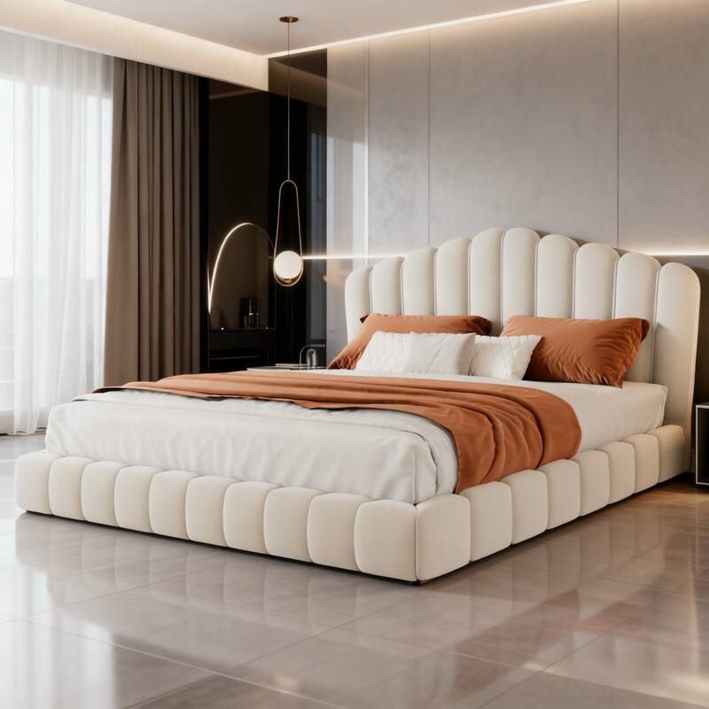 Velvet Upholstered Queen Bed Frame Shell-Shaped Headboard - Beige