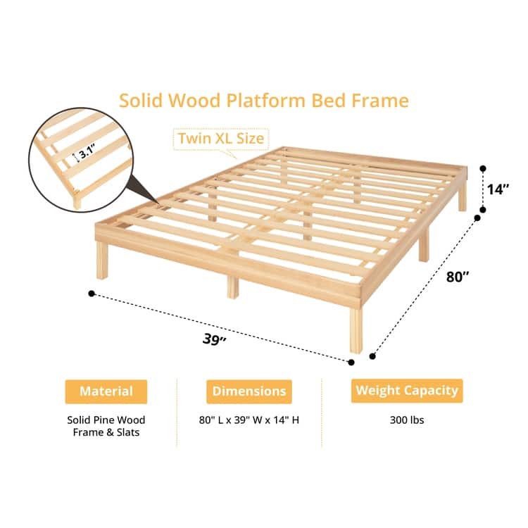 14 Inch Solid Pine Wood Platform Bed Frame No Squeak Bed Frame with Wooden Slats No Box Spring Needed
