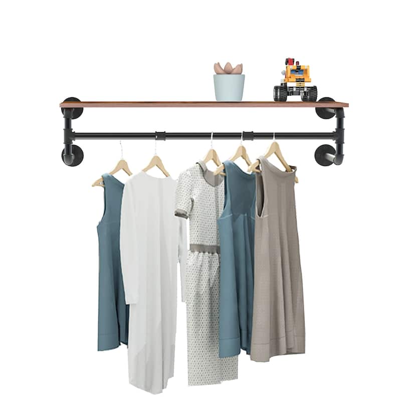 Industrial Pipe Wall Mounted Clothes Rack Floating Cloths Rail Shelf - 41.3" W x 9.8" D x 8.6" H