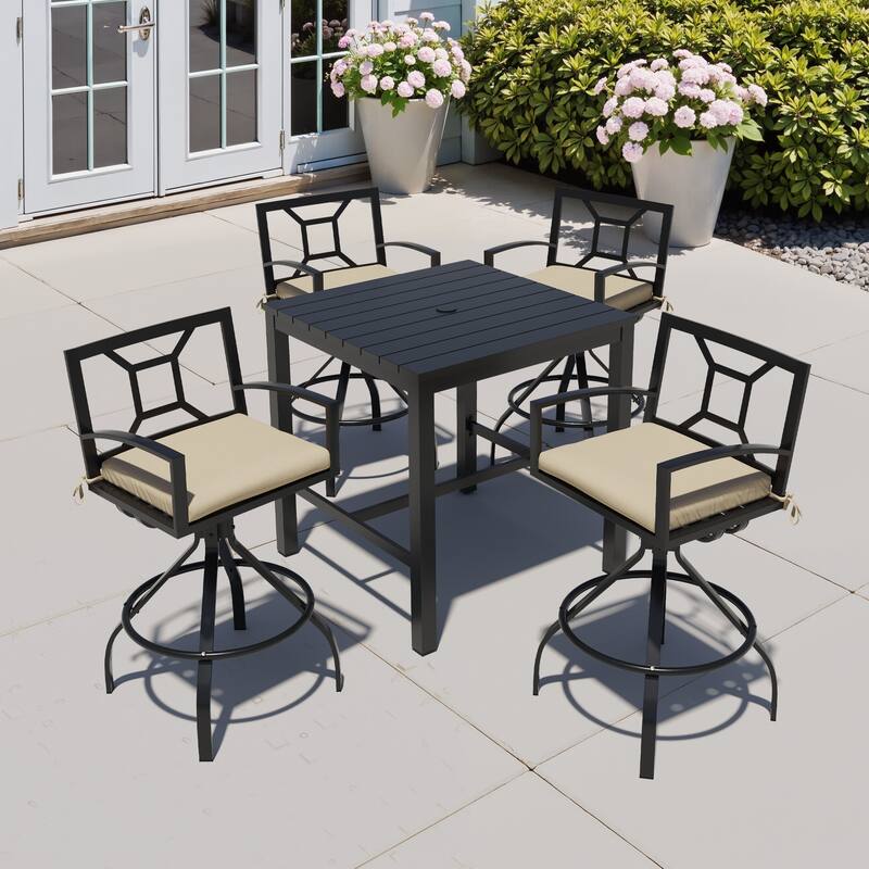 3/5-Piece Patio Bar Stool Set Swivel Aluminum Bar Stools with Sunbrella Cushion and Table Set - Canvas Antique Beige - Set of 5