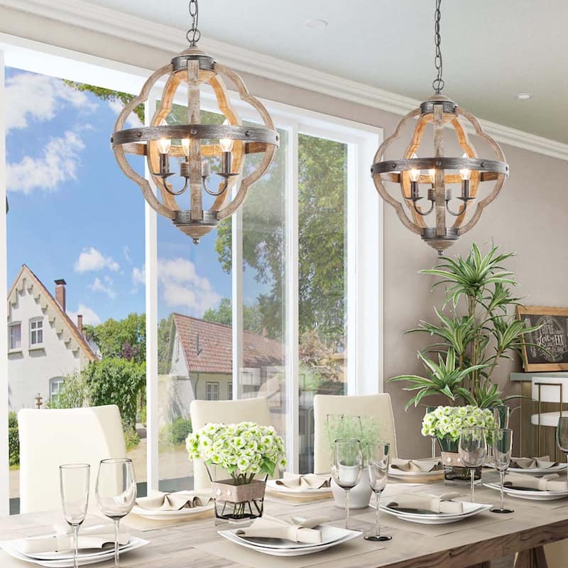 Modern Farmhouse 3-light Antiqued Wood Island Pendant Light Orb Chandelier - W 15"x H 19" - W 15"x H 19"