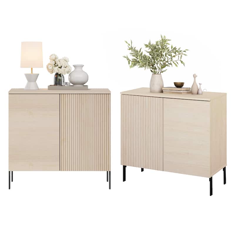 Modern Minimalist Wood Nightstand With Doors ,31.5" End Table,Reeded Design Bedside Table - Beige-2PCS
