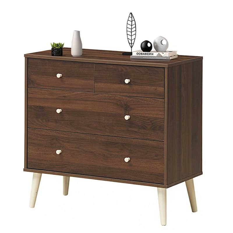 Gymax 4-Drawer Dresser Chest Cabinet Storage Organizer Rubber Leg - Walnut