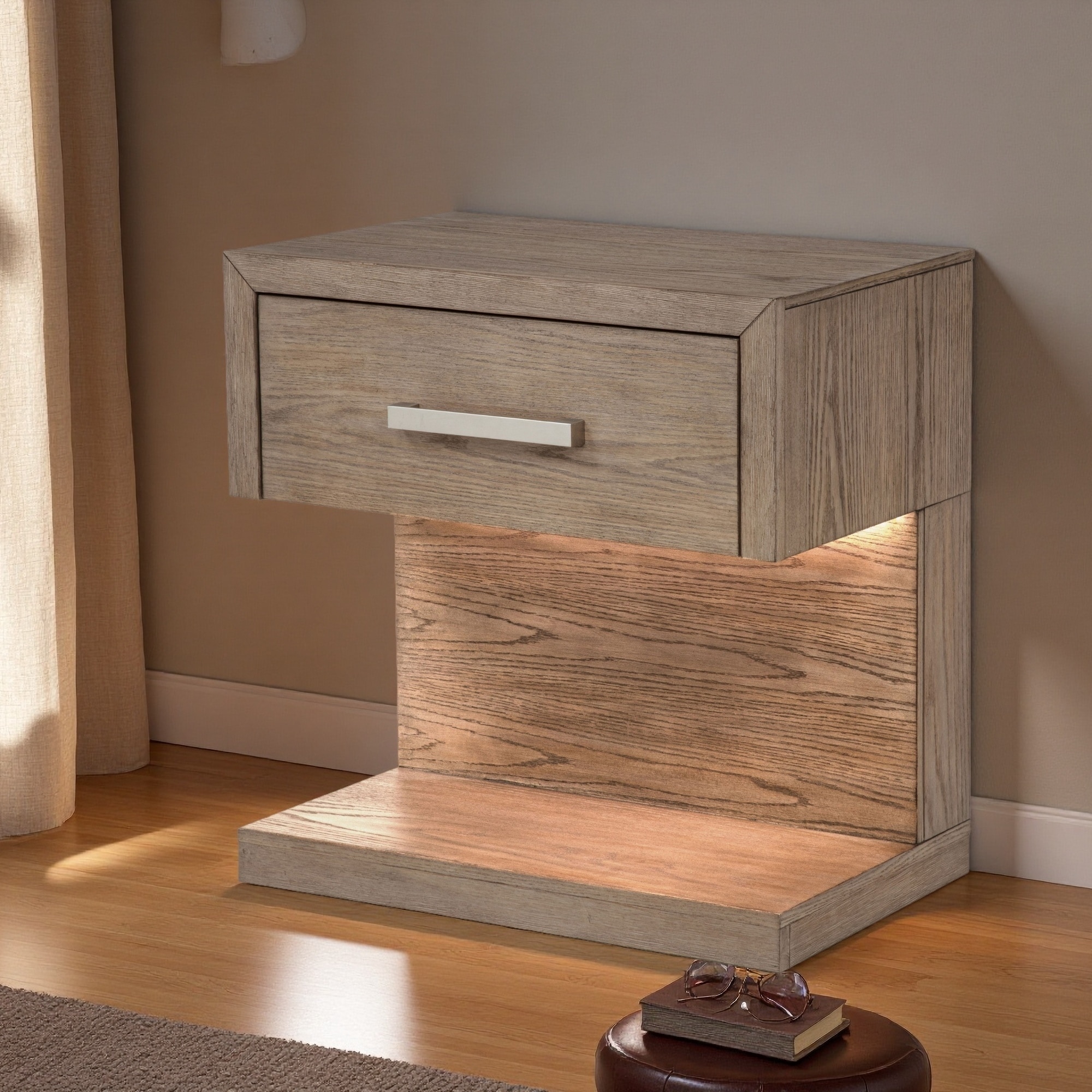 26"L Metal Nightstand, 1 Drawer, Built-In LED, Soft Barley Brown, Open Shelf