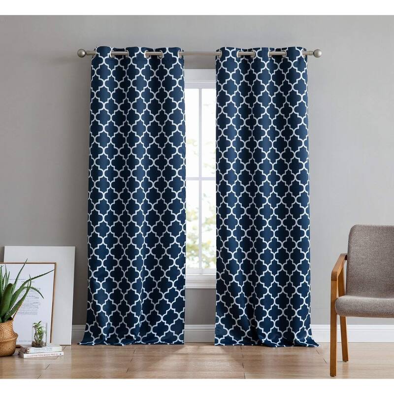 HLC.me Lattice Geometric Blackout Thermal Privacy Room Darkening Grommet Window Drapes Curtain Panels - Set of 2 - 37 W x 96 L per panel - Pair - Navy Blue