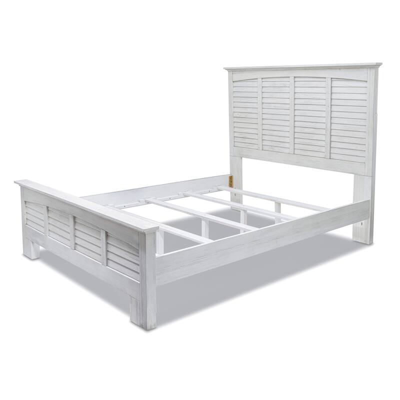 HomeRoots White Plantation Shutter Distressed Solid Wood Queen Bed Frame
