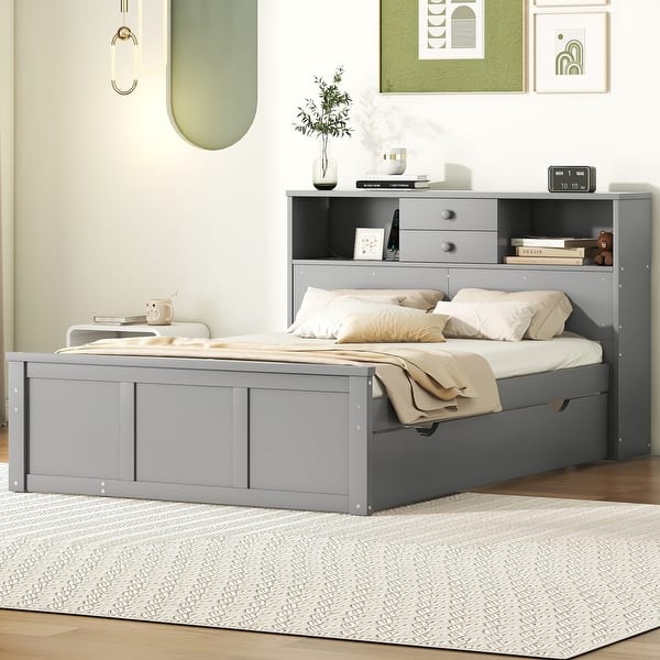 slide 2 of 9, Wooden Full Size Pltaform Bed with Trundle, 3 Drawers, Upper Shelves Grey