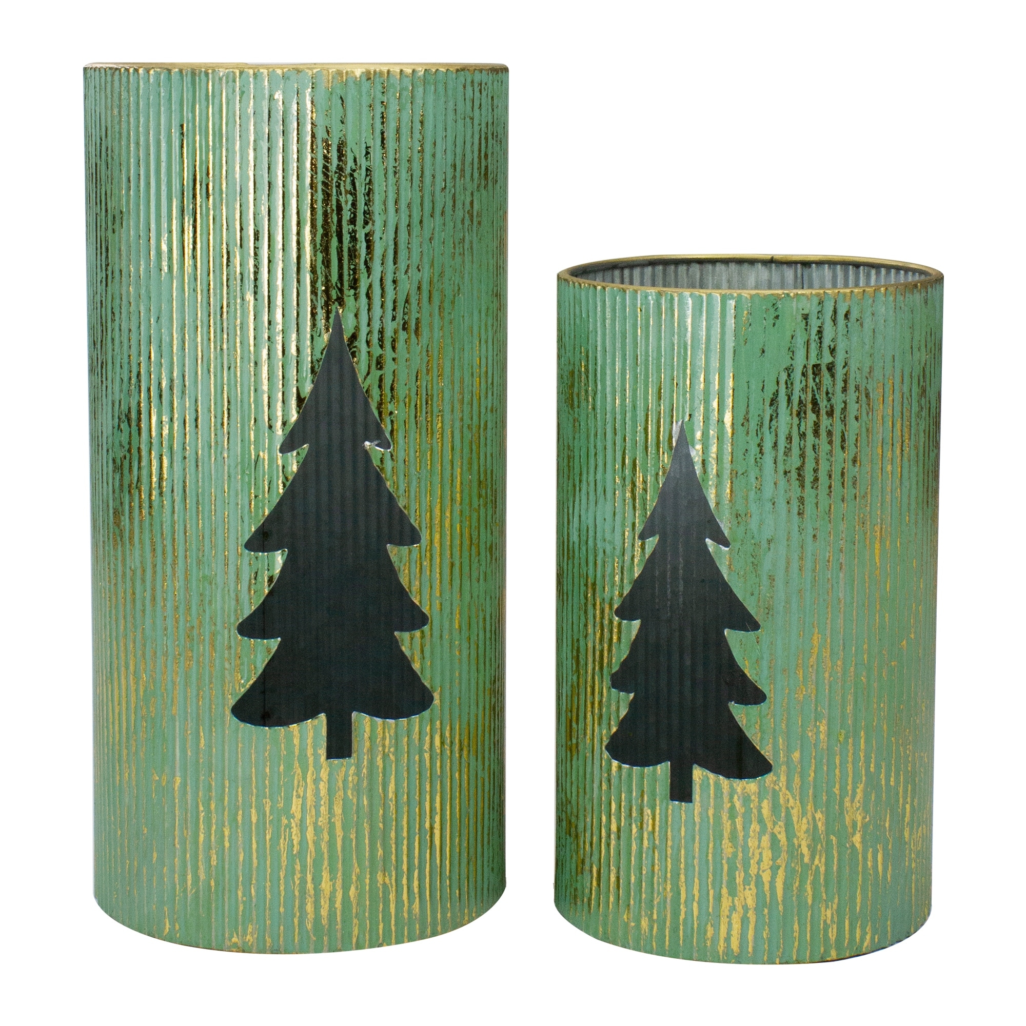 Rustic Christmas Tree Candle Lanterns 12" Green and Gold Set of 2