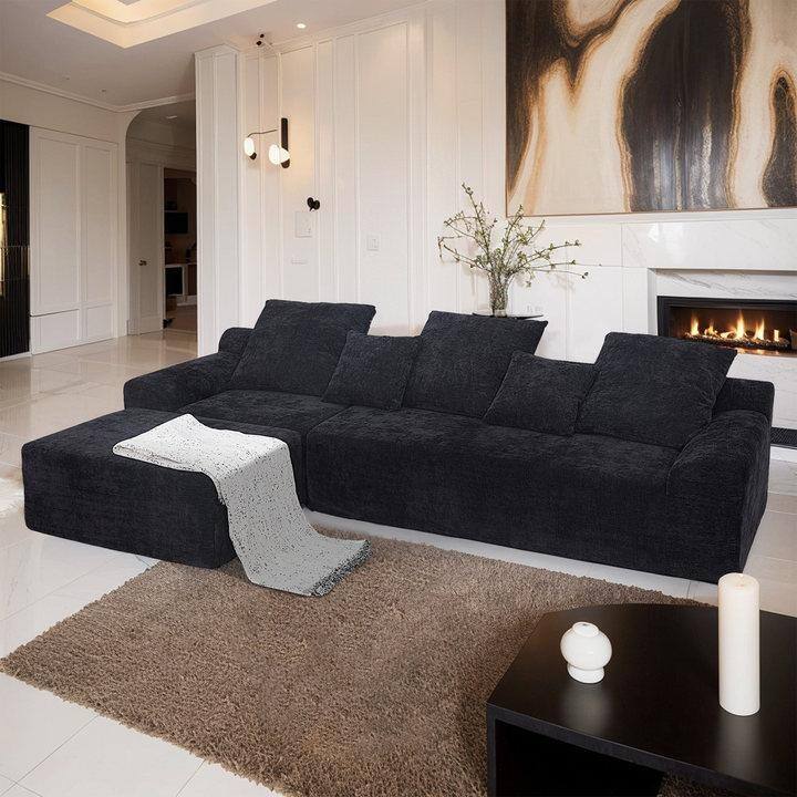 111.2" Modern L-Shaped Sectional Sofa - Modular Velvet Couch with Adjustable Configurations, Black Polyester Chenille