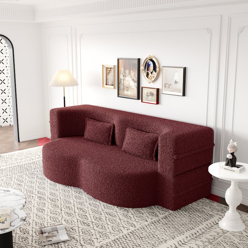78" Convertible Folding Sofa Bed, Sleeper Sofa with Pillow, Modern Teddy Fabric Floor Loveseat Couch, Foam Mattress Sleeper