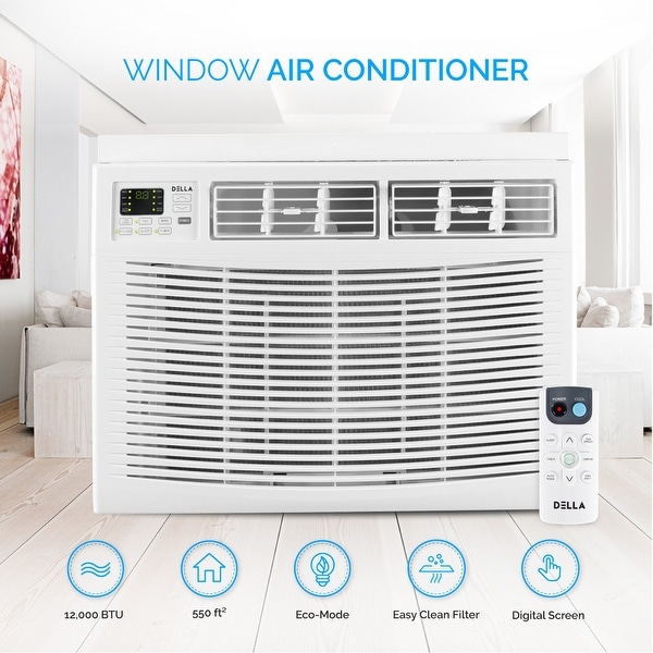 DELLA 12000 BTUs Window Mounted Air Conditioner White up to 550 Square Energy Star 115V Remote Control Washable Filter