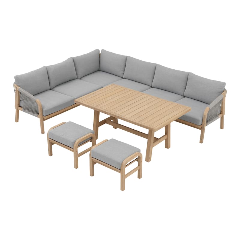 Outdoor Sectional Sofa Set 6-Piece Acacia Wood L-Shaped Corner Sofa Set with Dining Table & Ottoman