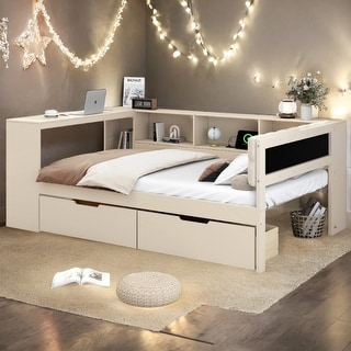 Cream Full Size Daybed with Upholstered Headboard, Storage Platform Bed with Storage Shelves