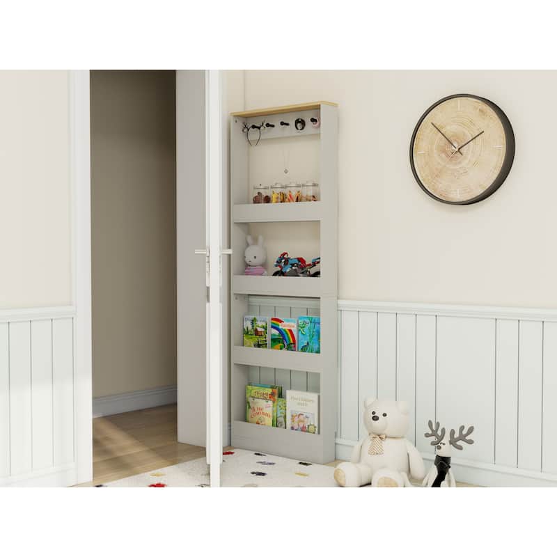 69" Tall Bookcase with 4 Shelves and 5 hooks, Wall Mounted Space-Saving Narrow storage cabinet for Living Room