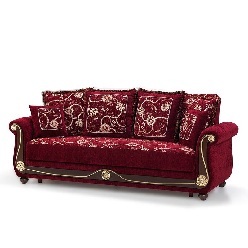 HomeRoots 95" Burgundy Chenille Convertible Futon Sleeper Sofa And Toss Pillows With Storage