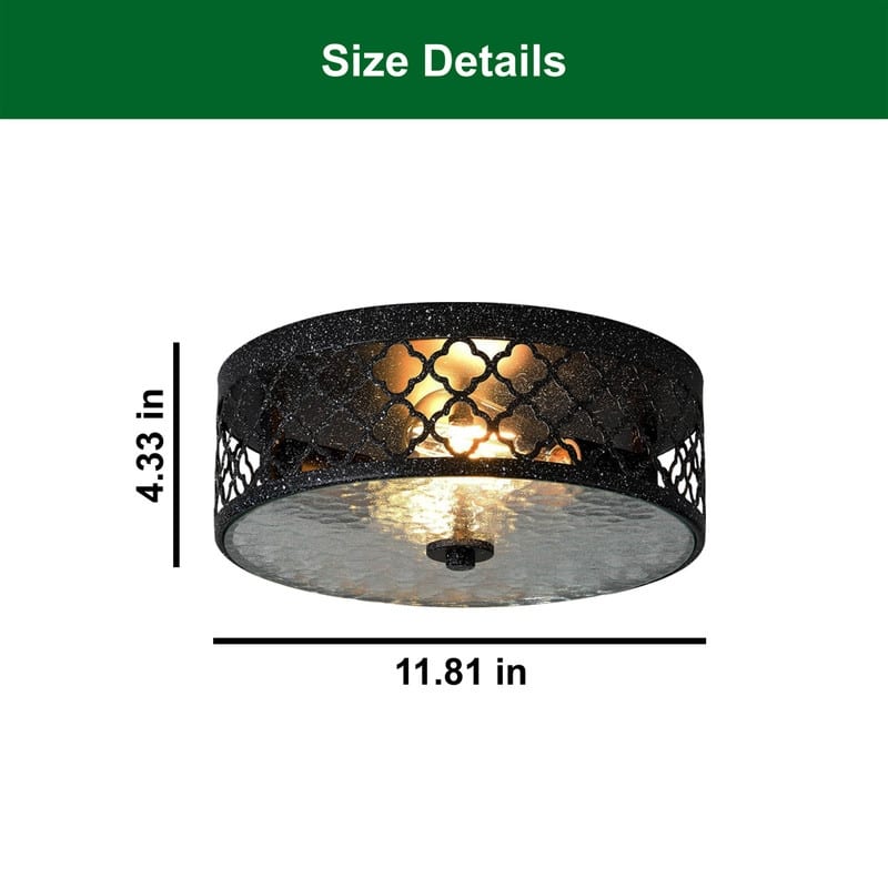12” Light fixture black ceiling lighting glass, metal flush mount ceiling light - N/A