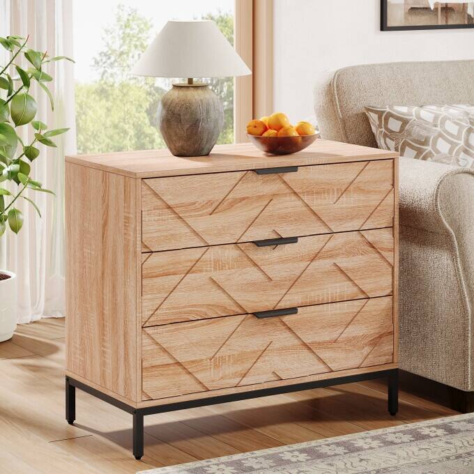 Modern Nightstand with 3 Drawers, Wooden Bed Side Table for Bedroom