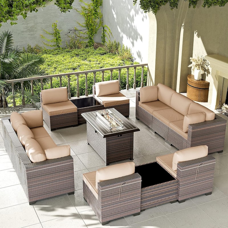 Kullavik 13 Pieces Outdoor Patio Furniture Set with Fire Pit Table - Size A - Khaki