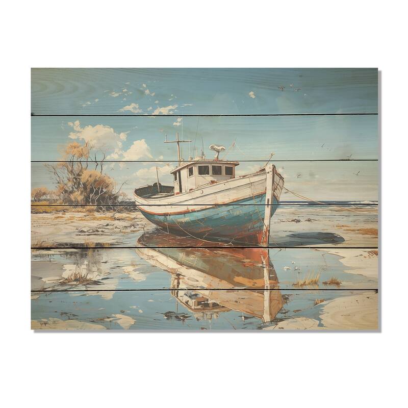 DESIGN ART "Blue And White Boat Scenery" Coastal Boat Wood Wall Art Nautical & Coastal Wood Panel On Natural Pine Wood