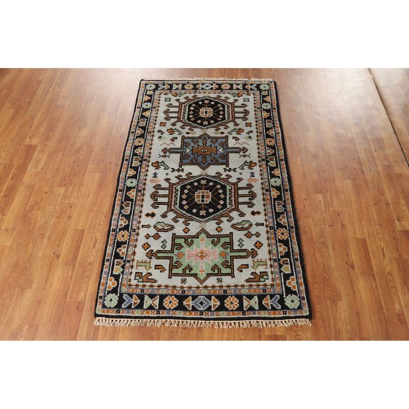 Hand Knotted Oriental 100% Wool Carpet Transitional Geometric Greys & Charcoal Khotan Area Rug - 5' 1'' X 3' 0''