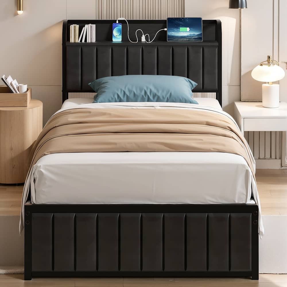 VECELO Upholstered Platform Bed Frame with Storage Headboard and USB AC Ports Charging Station Sturdy Quiet Bed for Bedroom
