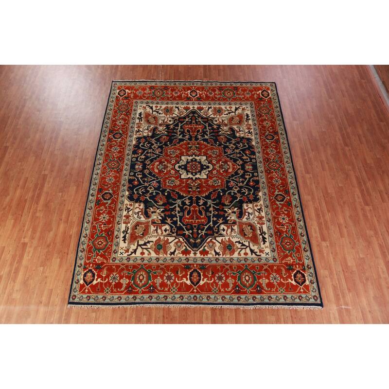 Hand Knotted Oriental 100% Wool Carpet Traditional Medallion Navy Blue & Blues Heriz (serapi) Area Rug - 11' 11'' X 9' 0''