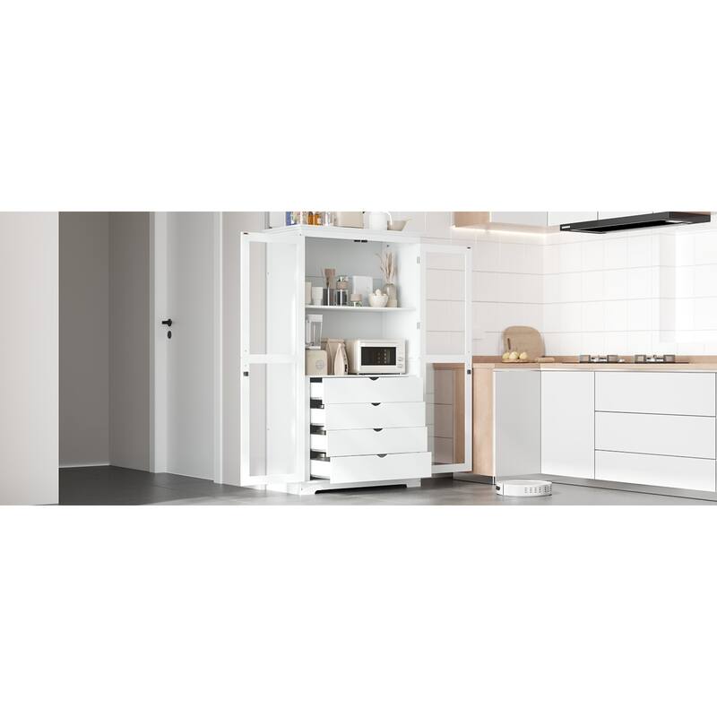 Roomfitters 75" Kitchen Pantry, Freestanding Storage Cabinet Display Cabinet with Glass Doors and 4 Drawers