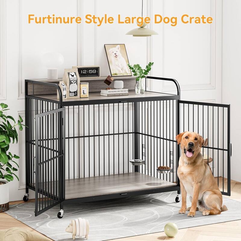 Large Dog Kennel Crate Furniture with 360° Adjustable Elevated Feeder Wheels