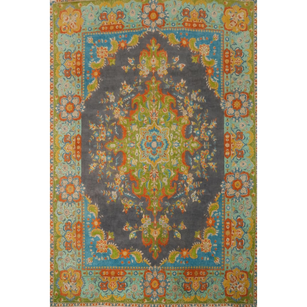 Hand Knotted Oriental 100% Wool Carpet Traditional Medallion Greys & Charcoal Tabriz Area Rug - 12' 0'' X 9' 3''