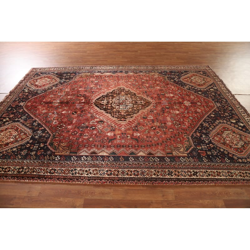 Hand Knotted Oriental 100% Wool Carpet Traditional Medallion Red Shiraz Area Rug - 9' 10'' X 6' 11''