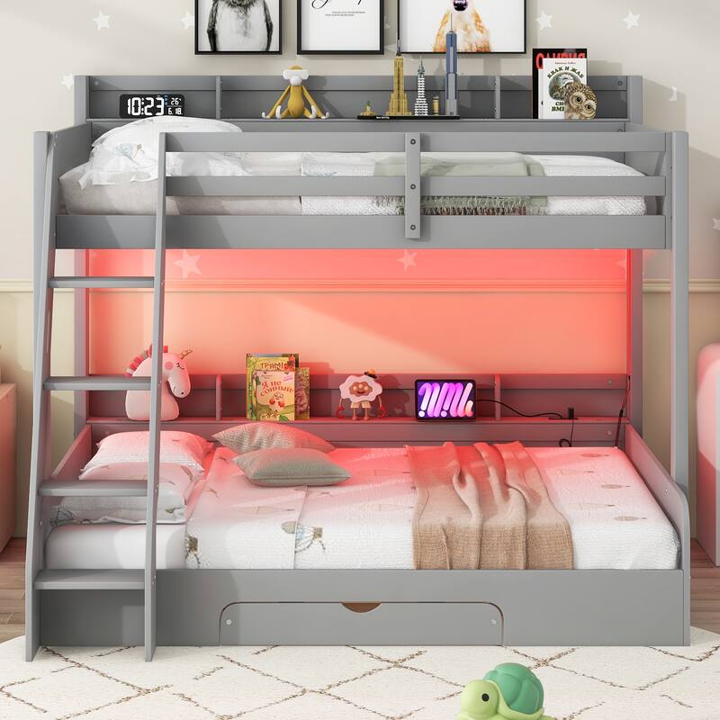 Twin Over Full Bunk Bed with Storage Shelves & Charging Station, Wood Bunk Bed Frame with Ladder and Built-in Drawer, Led Lights