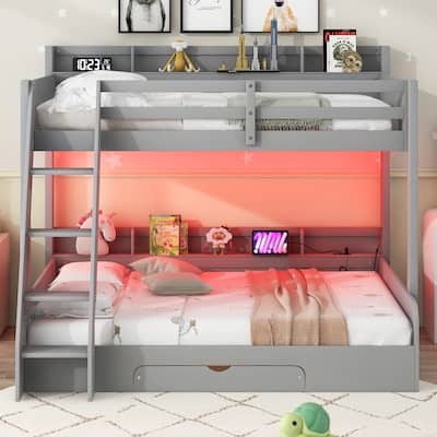 Twin over Full Bunk Bed with Storage Shelves, LED, Charging Station and A Drawer