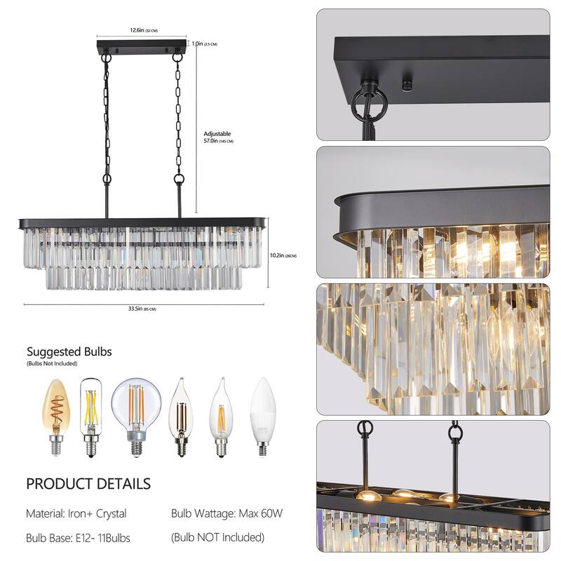 Rectangular Crystal Chandelier, Luxurious Hanging Ceiling Lighting Fixture for Living Room, 11-Light Black Pendant Lighting