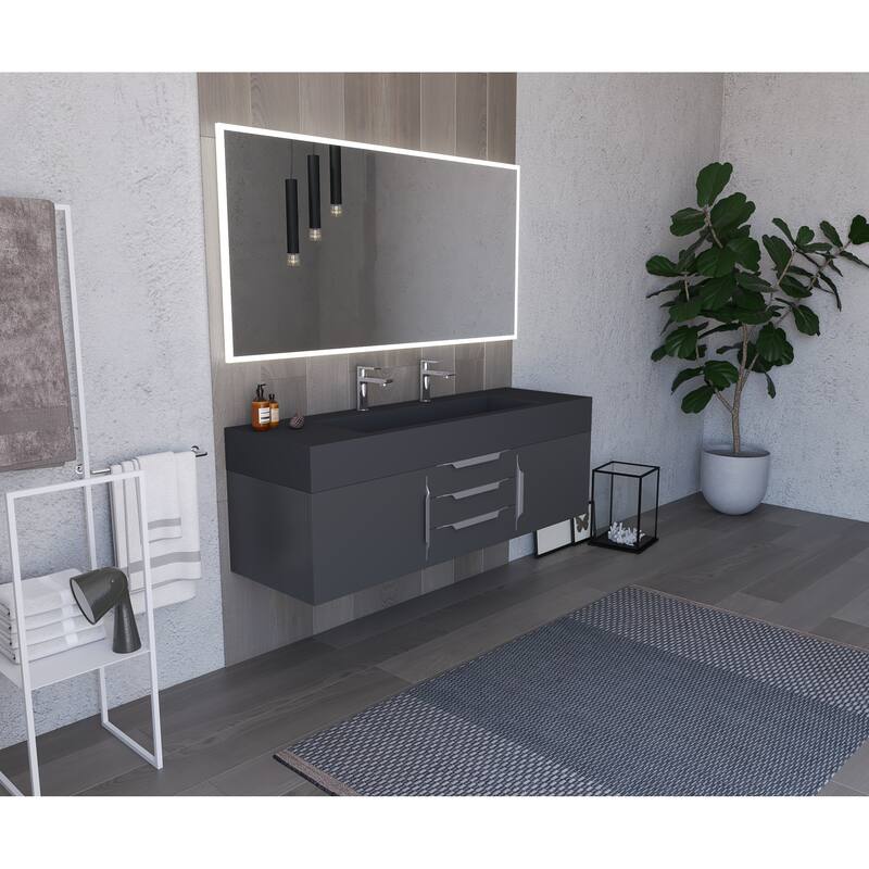 Nile 60" Wall Mounted Bathroom Vanity Set w/ Black Top