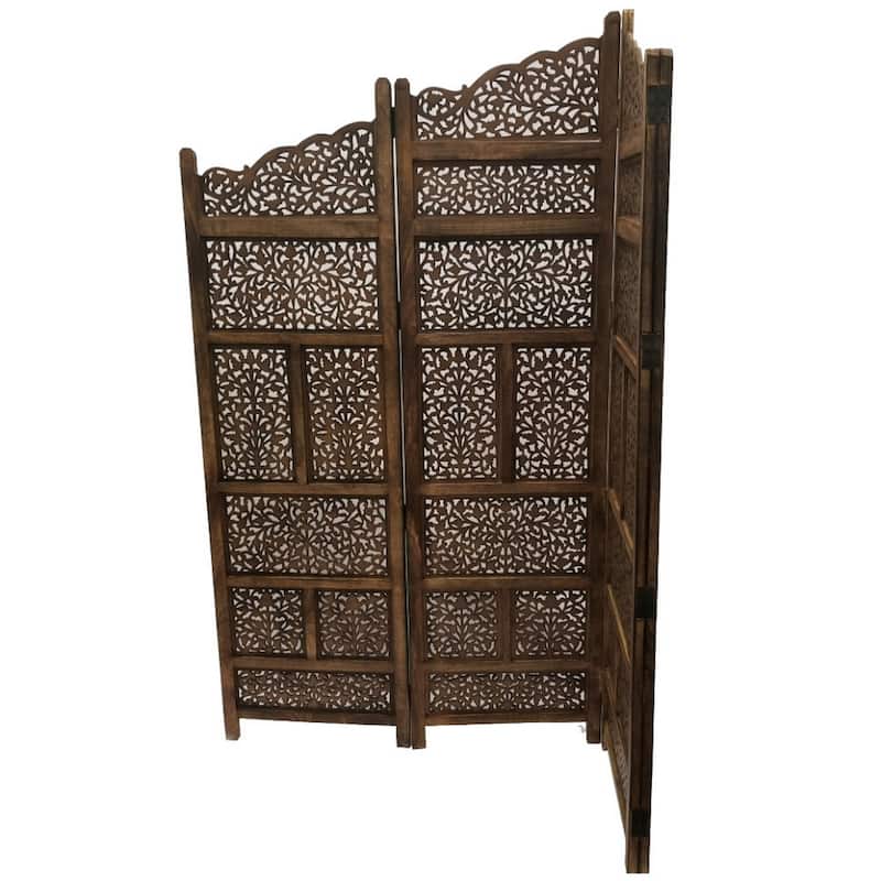 Benzara Hand Carved Foldable 4 Panel Wooden Partition Screen Room Divider,Brown