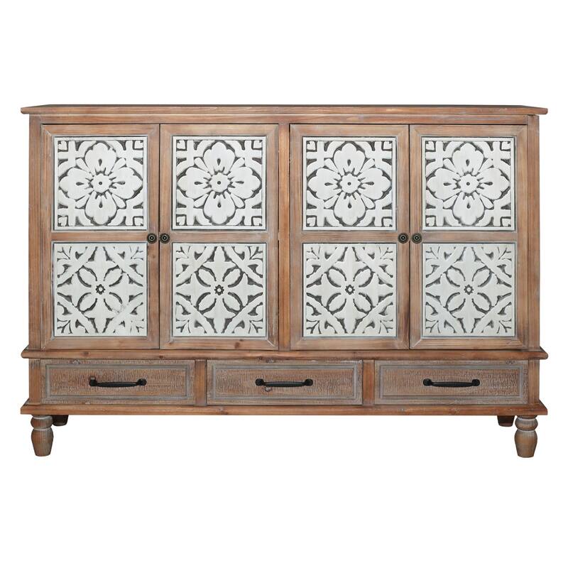 Rustic Accent Storage Cabinet with 3 Drawers & Adjustable Shelves, 4 Doors Sideboard Entryway Cabinet for Living Room Hallway