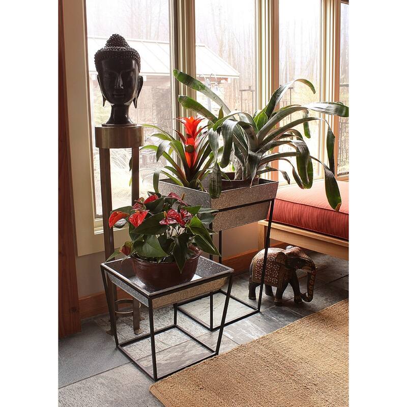 Achla Designs Large Indoor Outdoor Arne Plant Stand With Deep Galvanized Tray, 22 Inch Tall, Black Powder Coat Finish