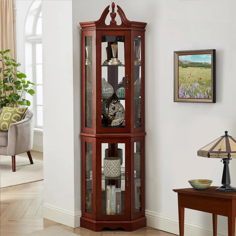 Corner Curio Cabinet with Lights, Adjustable Glass Shelves, Mirrored Back