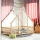 preview thumbnail 12 of 30, Twin Wood House-Shaped Floor Bed with Fence, Guardrails Platform Bed House Bed Natural