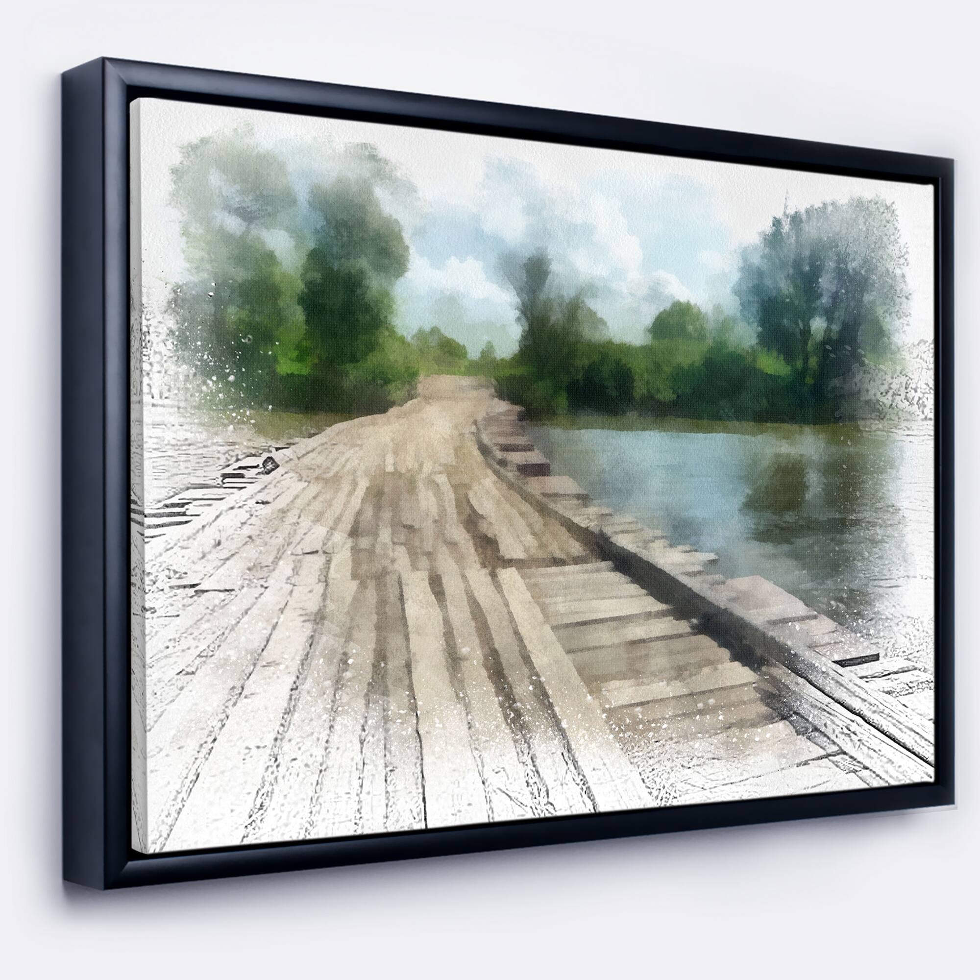Designart "Bridge over Waterfall in Forest" Large Landscape Framed