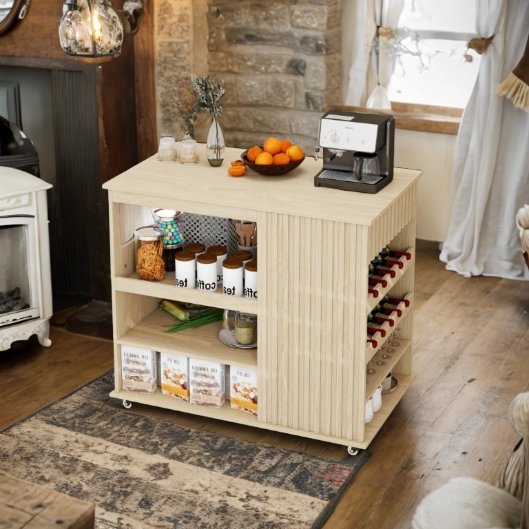 Modern Rolling Kitchen Island Cart with Storage Drawer and Wine Rack