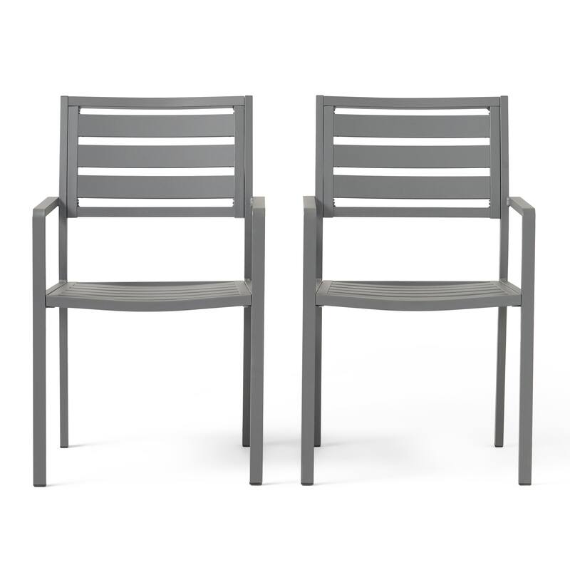 Roomfitters Modern Outdoor Aluminum Slat Back Dining Chairs, Rust Resistant Frame, Gun Metal Gray, Set of 2