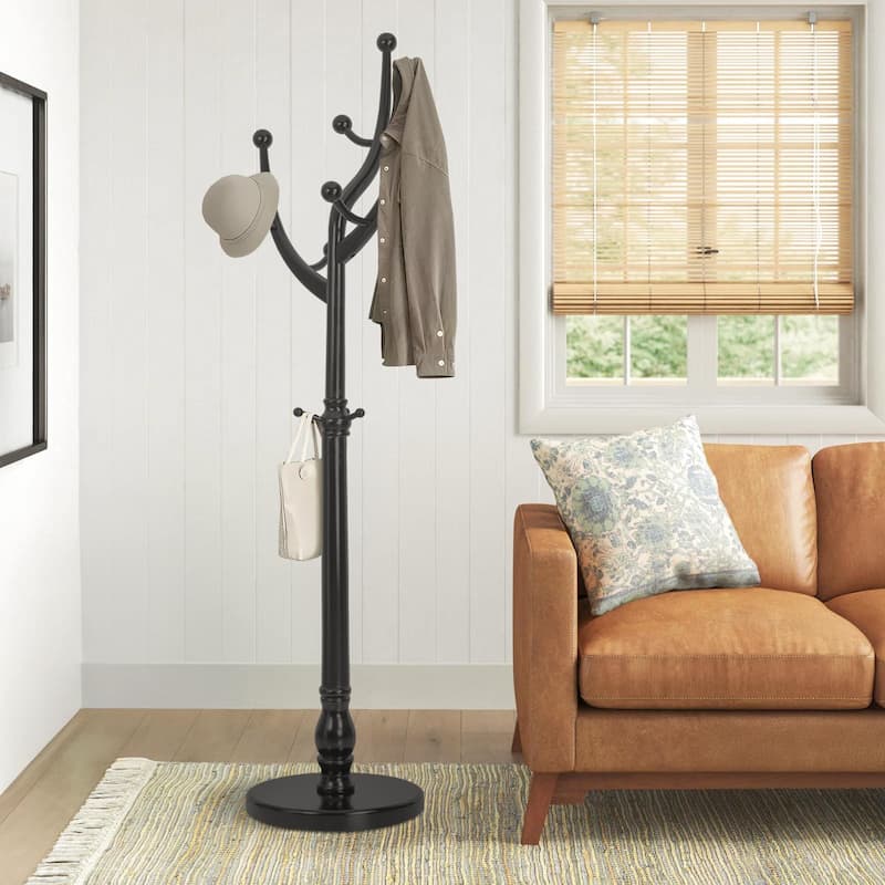 Rubberwood Coat Rack Freestanding, Entryway Coat Tree with Hooks - 74"H x 16.5"Dia