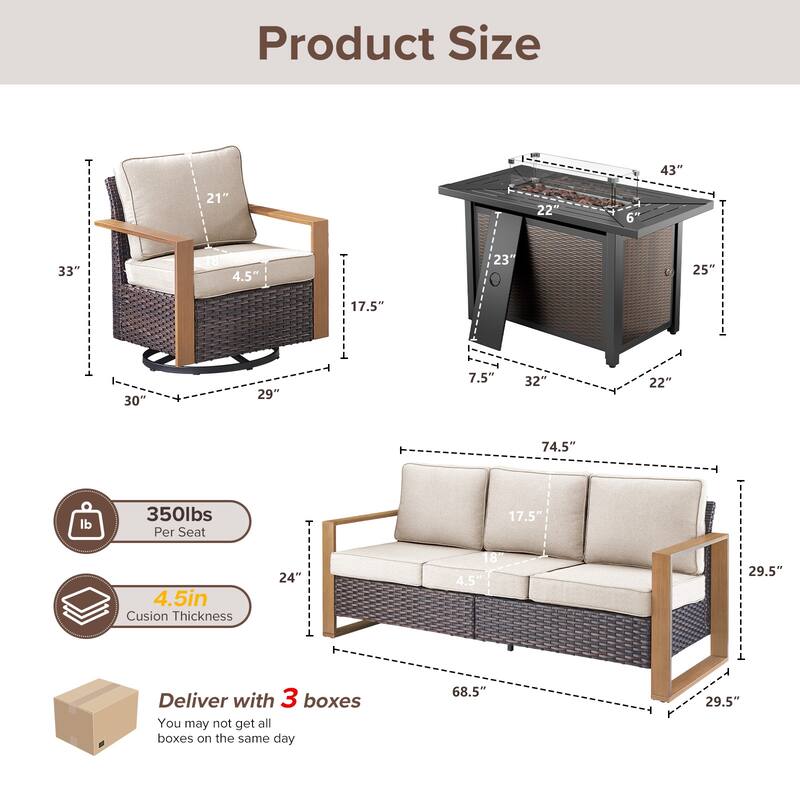 Meyreso Wicker Outdoor Patio Metal Fire Pit Set with Swivel Gliders & 4.5" Olefin Cushions