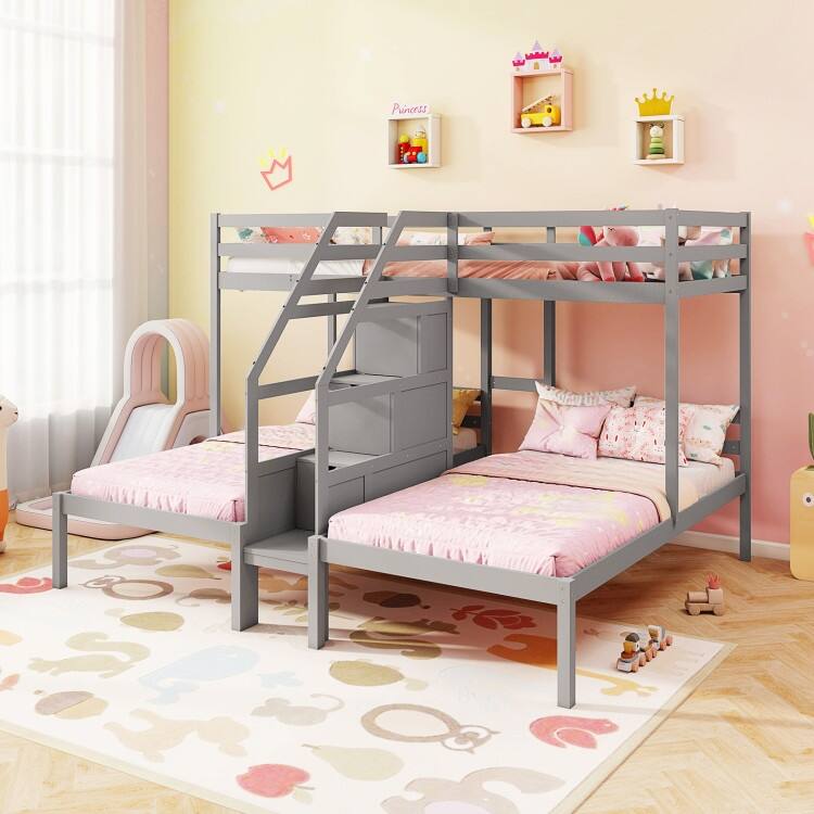 Bunk Bed for 3 Kids, Twin Over Twin with Storage Staircase and Safety Guardrails