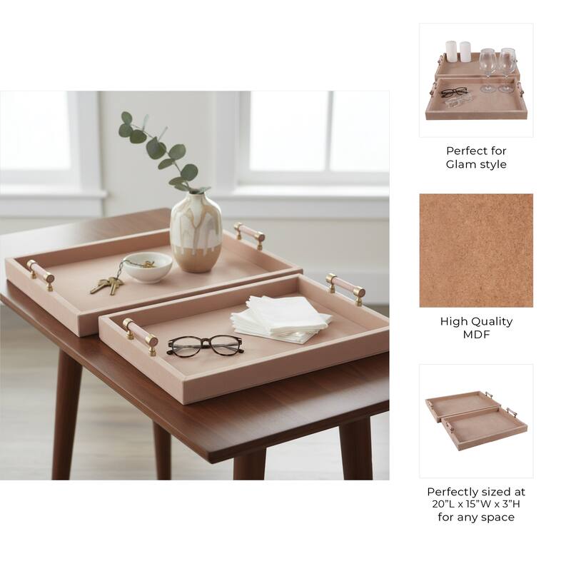 Wood Suede Decorative Trays Home Decor (Set of 2) - 17/20" Tan - 20.0"